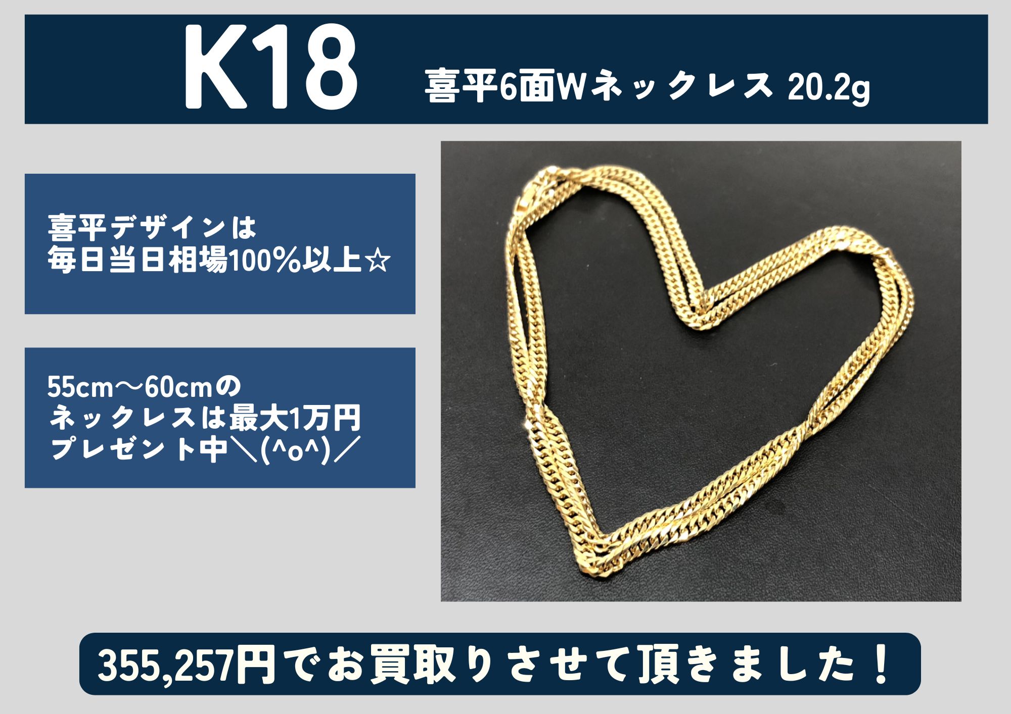 K18 18金 喜平6面Wネックレス 20.2g 355,257円でお買取させていただきました！